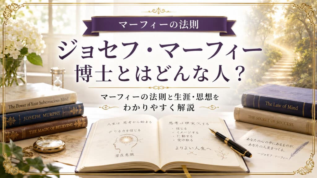 ジョセフ・マーフィー博士の生涯とマーフィーの法則の世界観を象徴する書籍や光の道を描いたアイキャッチ画像