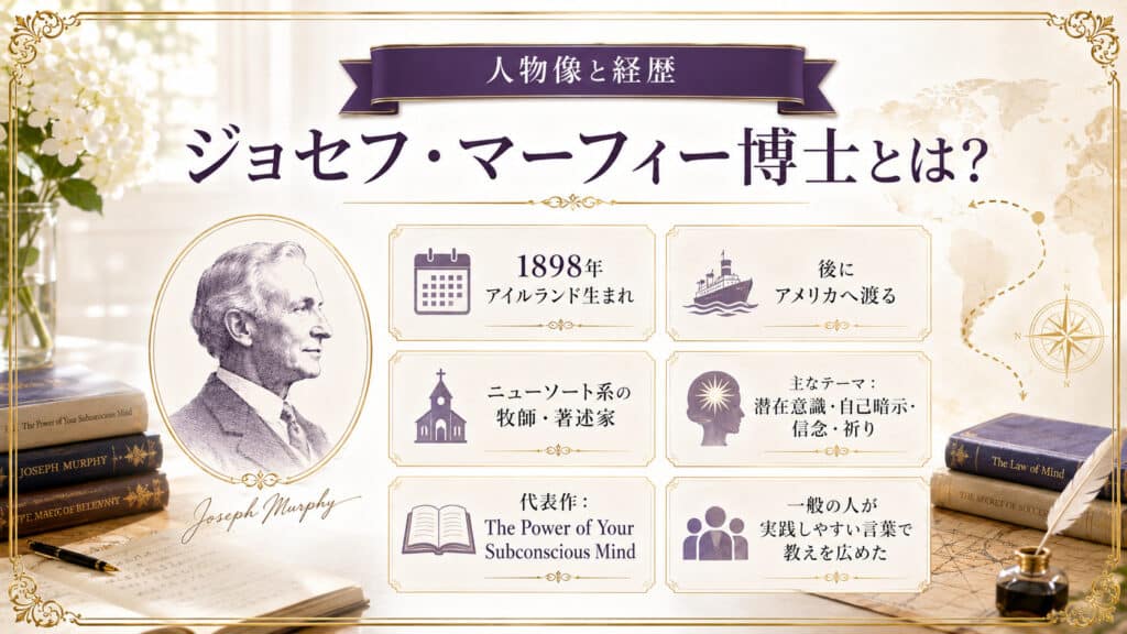 ジョセフ・マーフィー博士の肖像と生年、アイルランド出身、アメリカ移住、牧師・著述家としての経歴をまとめた図解