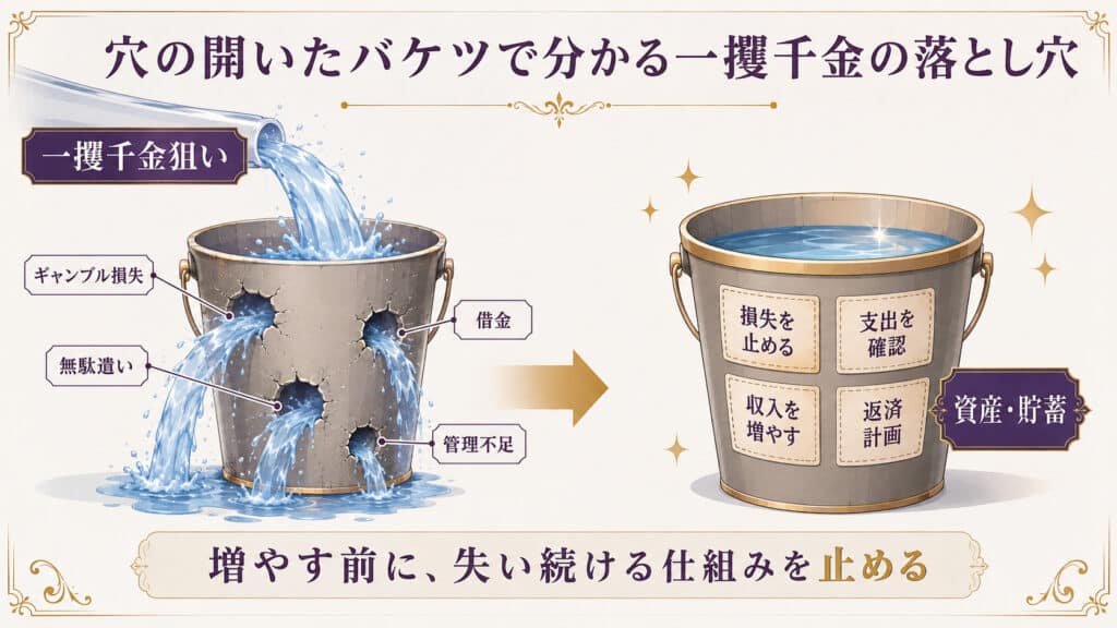 穴の開いたバケツの例で、ギャンブル損失や無駄遣いを止めてから収入や貯蓄を増やす重要性を示した図解