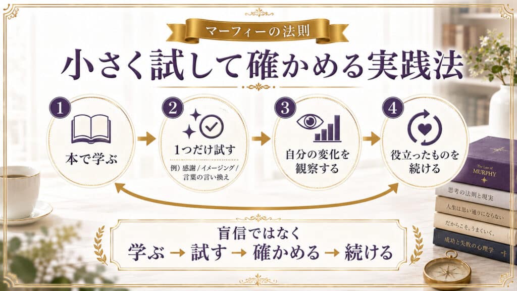 マーフィーの教えを学び一つ試して変化を観察し役立つ方法を続ける4段階の実践サイクル図