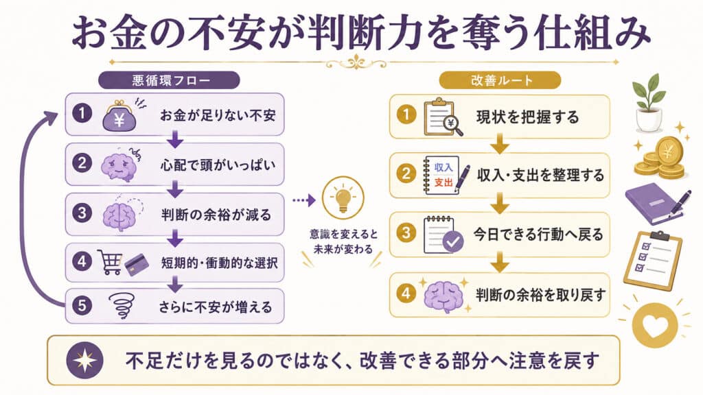 お金への不安が注意を占有して判断力を奪う悪循環と、収入や支出を整理して冷静さを取り戻す流れを示した図解