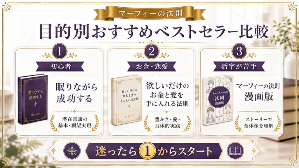 初心者、お金や恋愛、活字が苦手な人に向けたマーフィーのおすすめ本3タイプの比較図