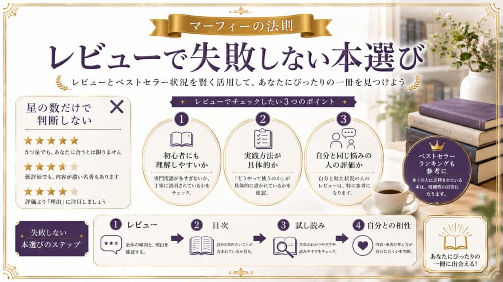 星の数だけで判断せずレビューや目次、試し読みから自分に合う本を選ぶポイントの図解