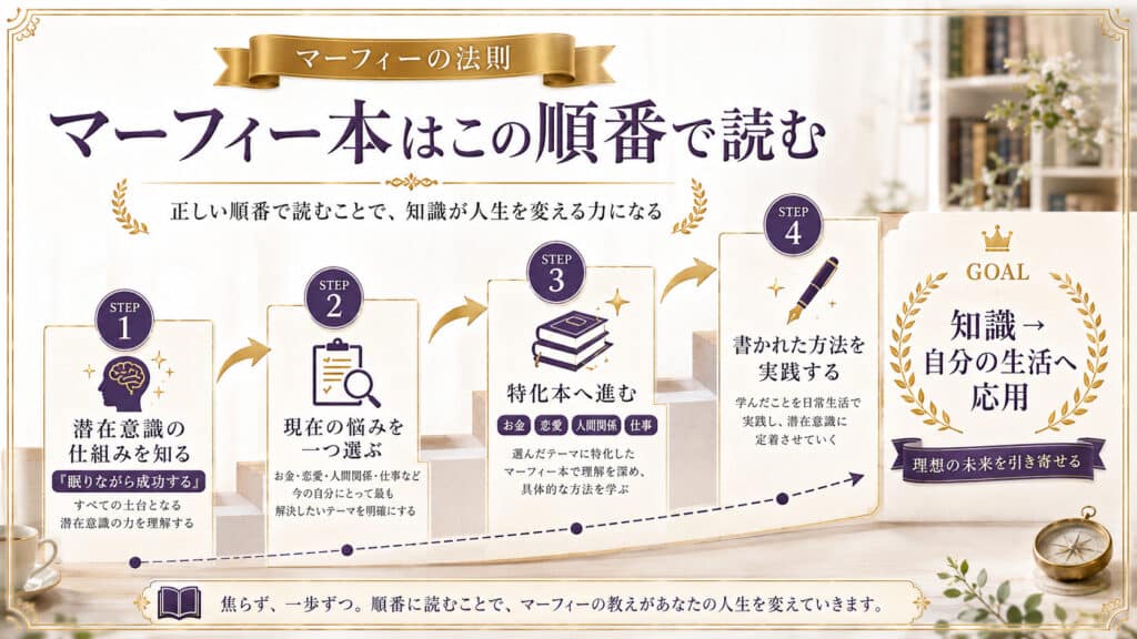 潜在意識の基礎から目的別の特化本と実践へ進むマーフィー本の読書順序を示した図解
