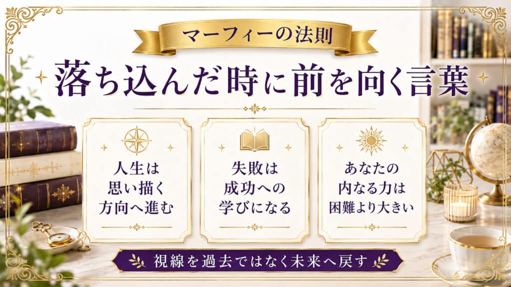 落ち込んだ時に過去ではなく未来へ意識を戻すためのマーフィーの言葉をまとめた図解