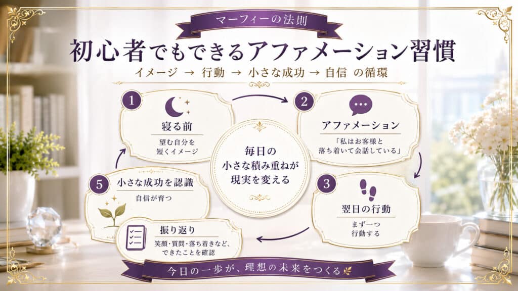 就寝前のイメージとアファメーションから、小さな成功と自信を育てる習慣の循環を示した図解