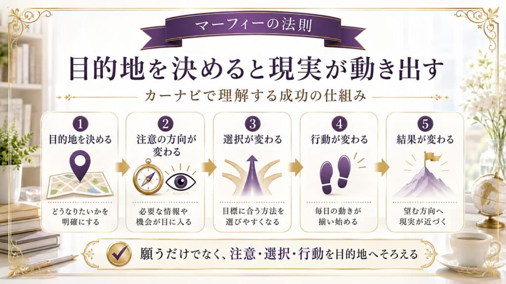 目的地を決めることで注意・選択・行動が変わり、結果が変わる流れを5段階で示した図解