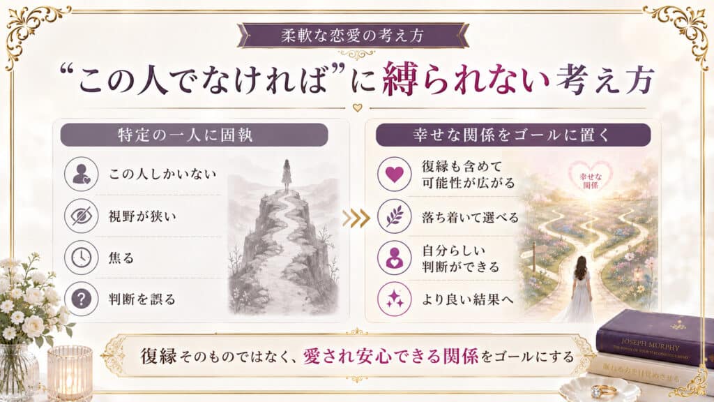 この人でなければという執着と幸せな関係をゴールにする考え方の比較図