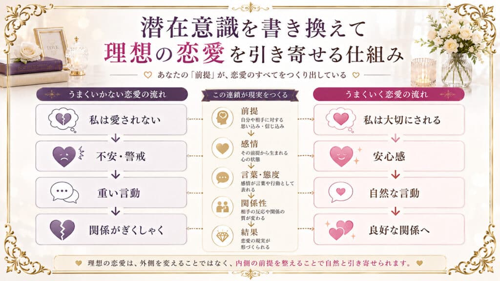 潜在意識の前提を書き換えて理想の恋愛を引き寄せる仕組みを示した図解