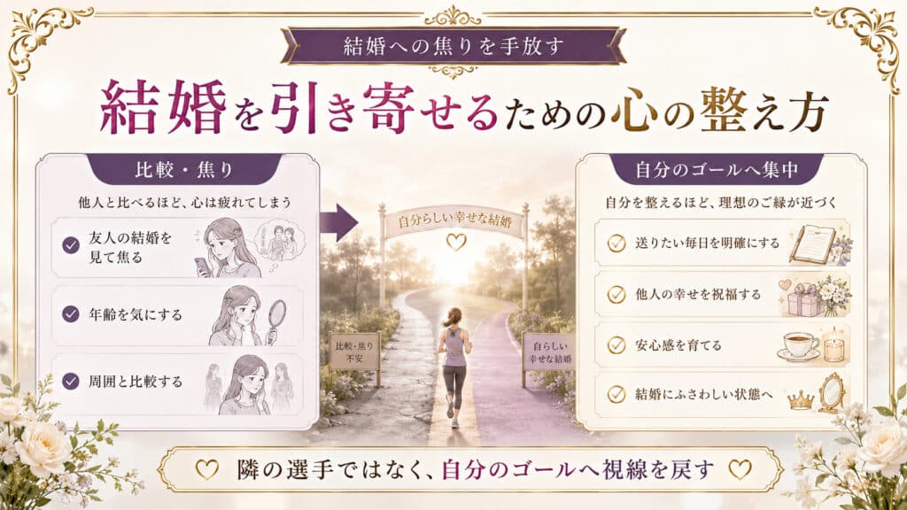 結婚への比較や焦りを手放し自分のゴールへ集中する心の整え方を示した図解