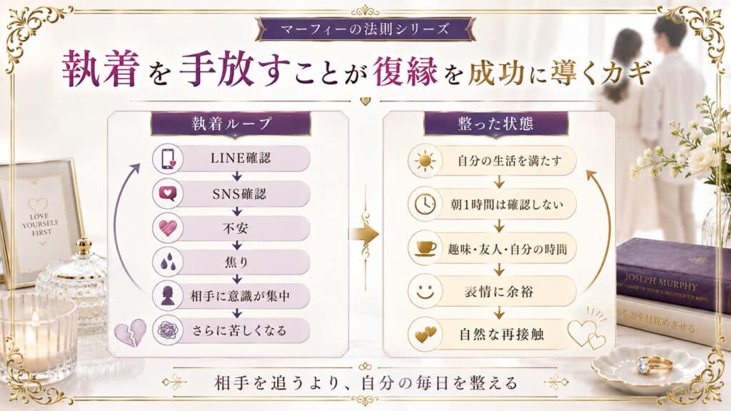 復縁で執着する状態と自分の生活を整えた状態の違いを示した図解
