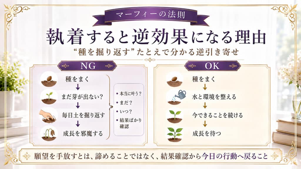 結果への執着が逆効果になる理由と、今できる行動へ戻る考え方を示した図解