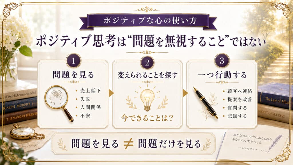 問題を見る、変えられることを探す、一つ行動するという前向きな問題解決の3ステップ図解