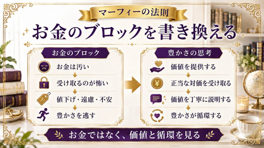 お金は汚いという思い込みから価値を提供して正当な対価を受け取る豊かさの思考へ変える図解