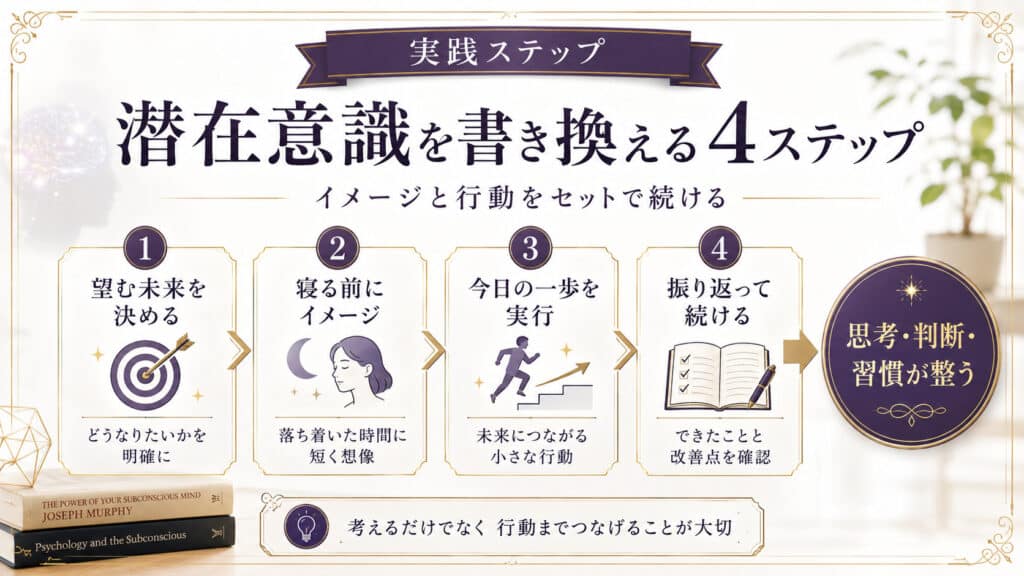 潜在意識を書き換えるための4ステップを初心者向けにまとめた図解