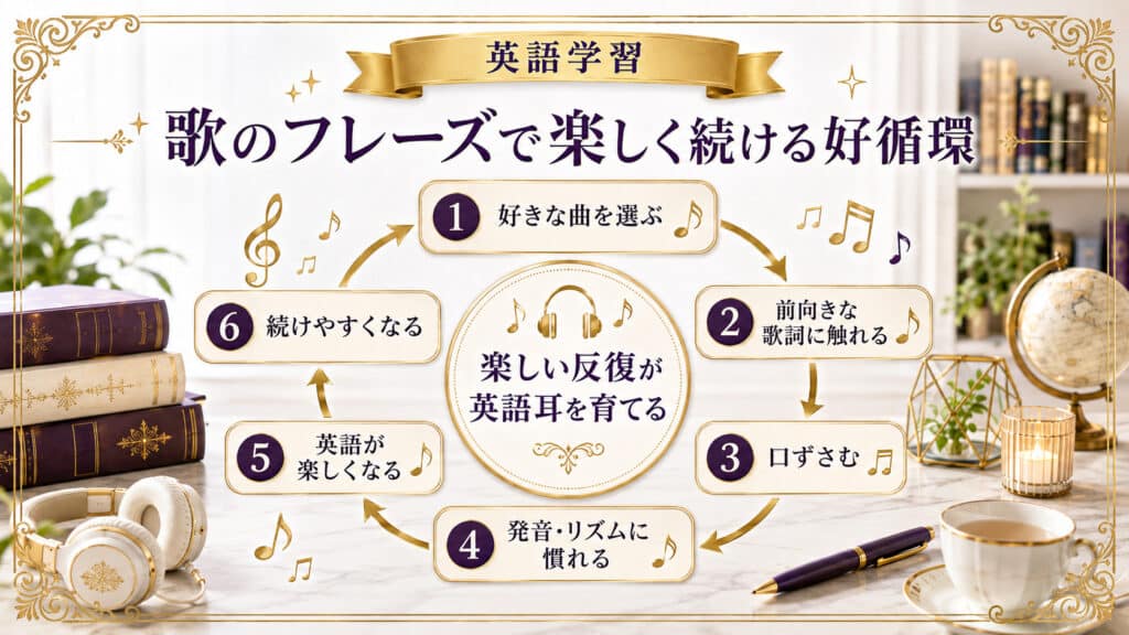 好きな英語の歌を口ずさみ発音やリズムに慣れて楽しく英語学習を続ける好循環の図解