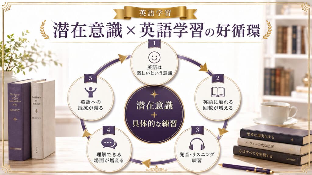 英語を楽しいと感じる意識と発音やリスニング練習を組み合わせた英語学習の好循環図