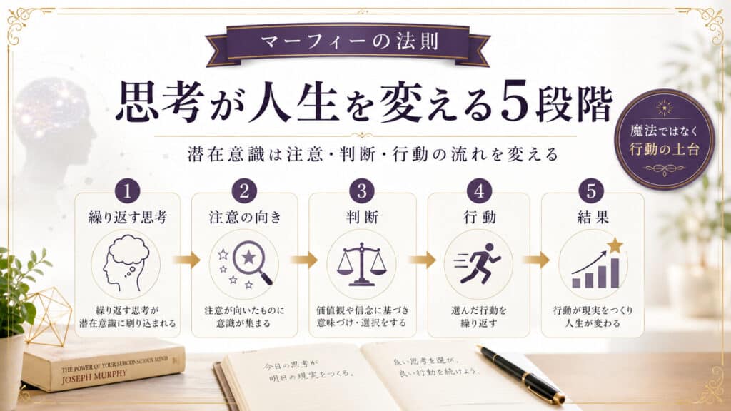 繰り返す思考から結果まで、思考が人生を変える5段階を示した図解