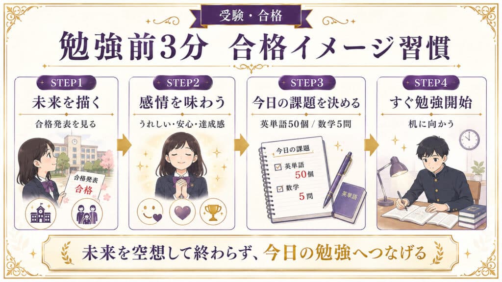 勉強前3分で合格後の未来を描き、感情を味わって今日の課題を決める4ステップを示した図解