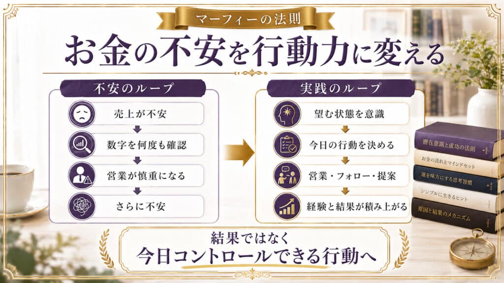 売上への不安を繰り返す状態から今日できる具体的な行動へ意識を切り替える流れの図解