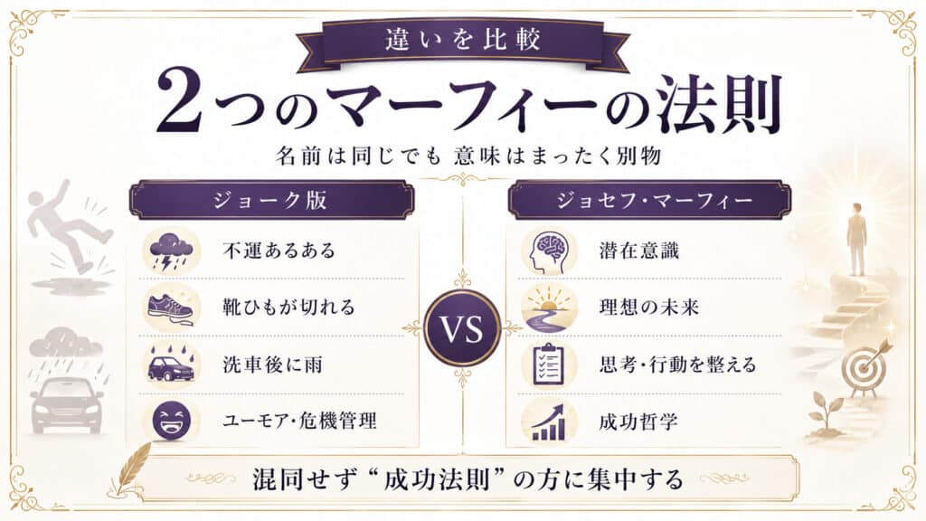 ジョーク版マーフィーの法則とジョセフ・マーフィーの成功法則の違いを比較した図解