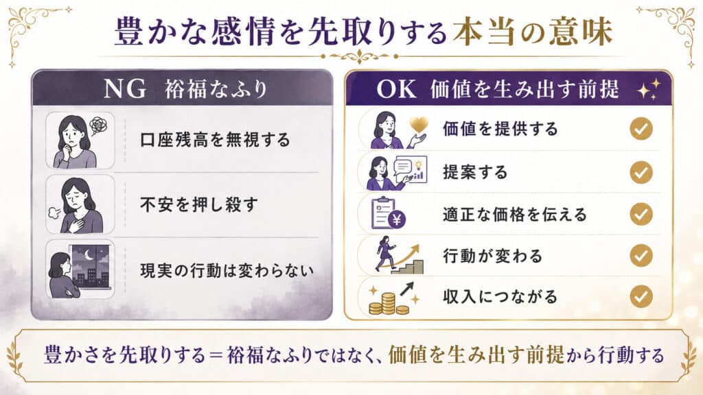 豊かさを先取りすることを裕福なふりではなく、価値を生み出す前提から行動することとして示した比較図解