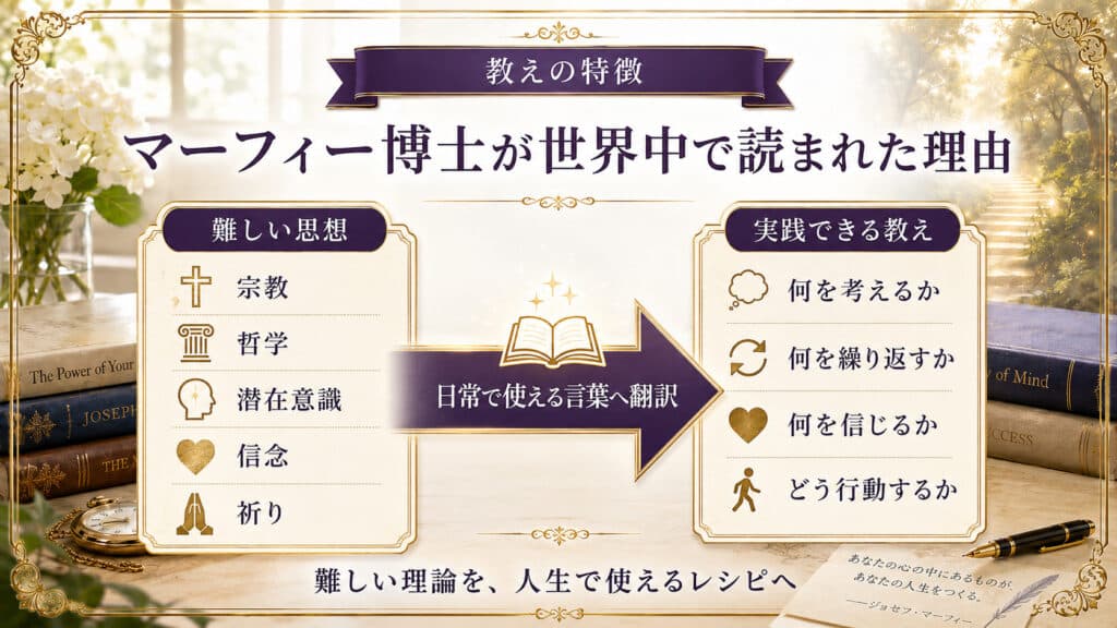 宗教や哲学などの難しい思想を、日常で実践できる教えへ翻訳したことを示す図解