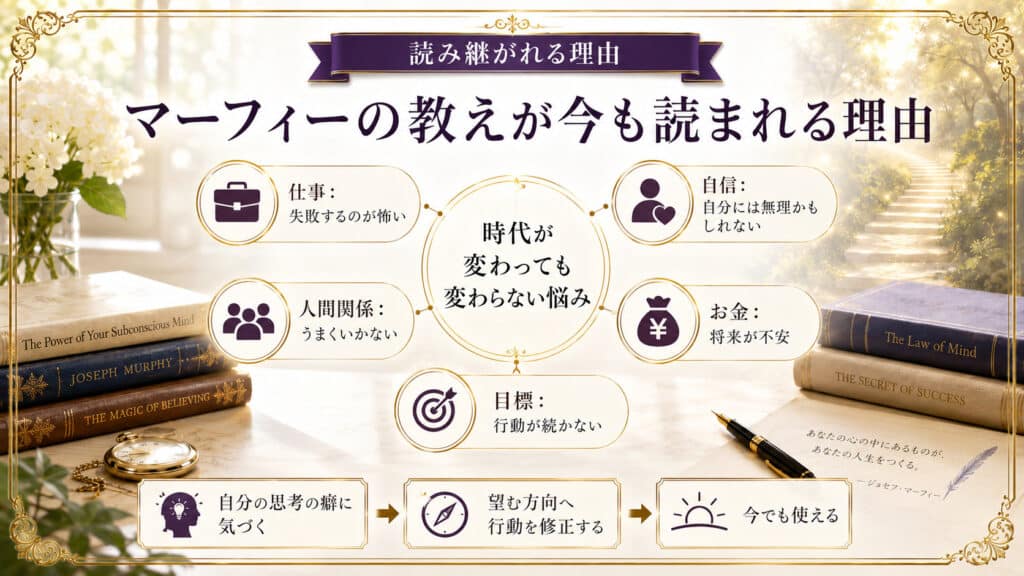 仕事、人間関係、自信、お金、目標など時代が変わっても続く悩みにマーフィーの教えが有効であることを示した図解