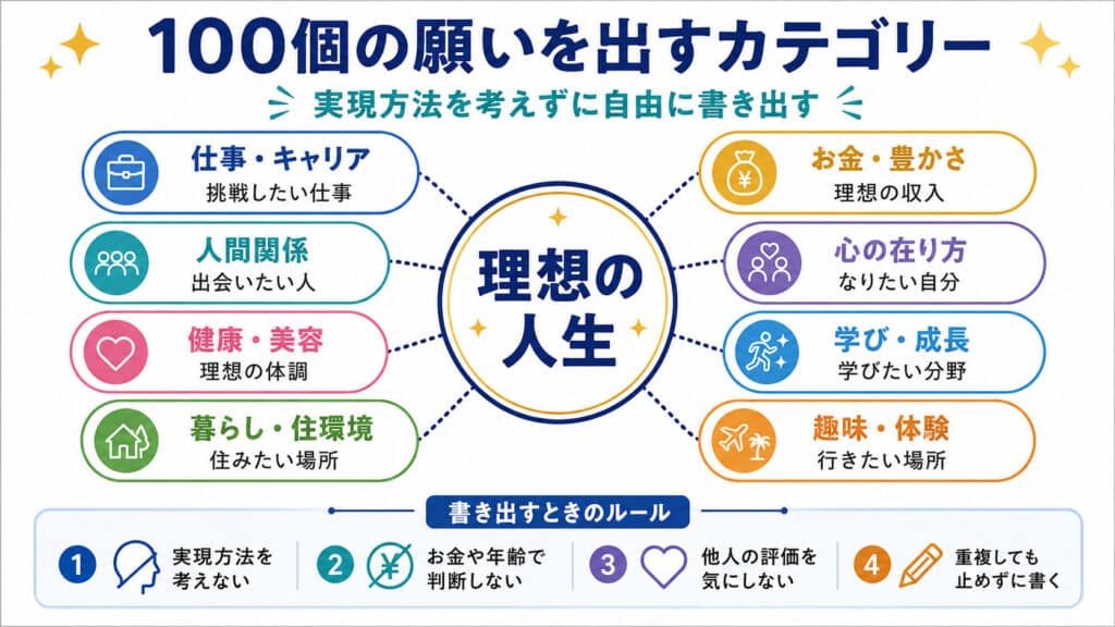 仕事やお金、人間関係など100個の願いを出す8カテゴリー