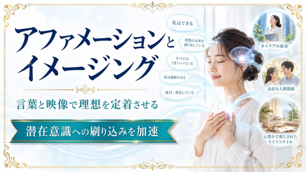 アファメーションの言葉とイメージングで理想の未来を思い描く女性