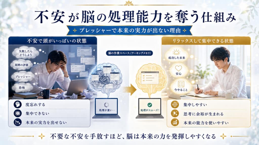 不安やプレッシャーが脳の処理能力を圧迫し集中力を低下させる仕組みの図解