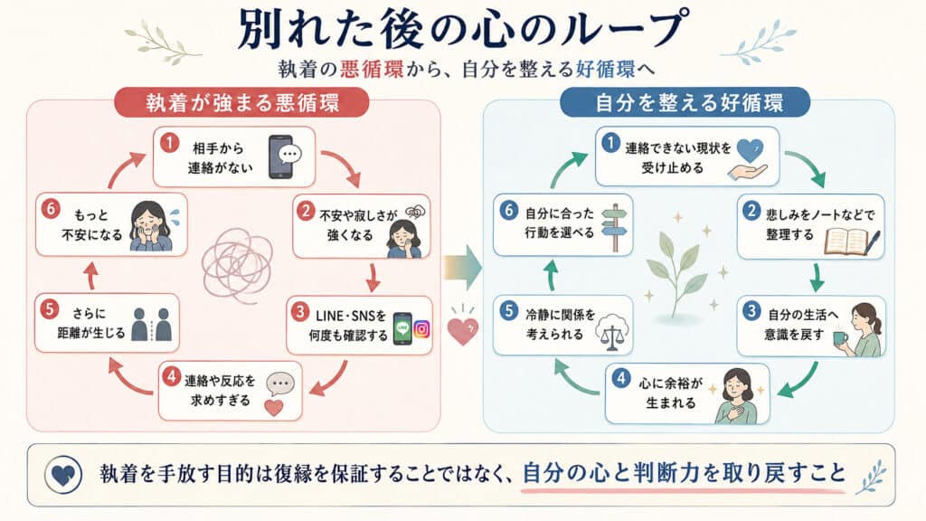別れた後に執着が強まる悪循環と自分の心を整える好循環の比較