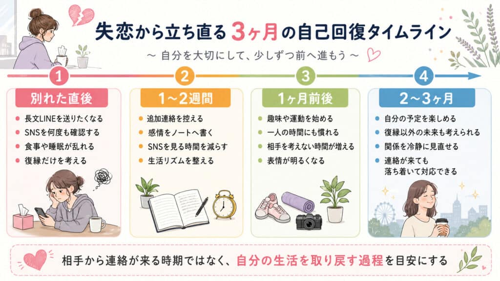 別れた直後から3ヶ月までに生活と心を立て直す自己回復のタイムライン