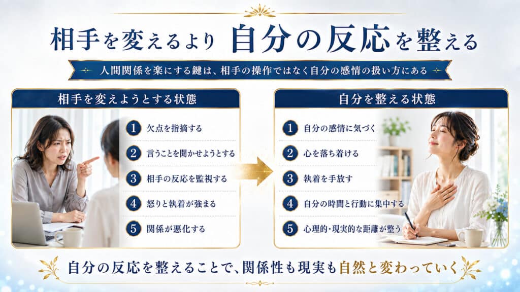 相手を変えようとする状態と自分の反応を整える状態を比較した人間関係改善の図解