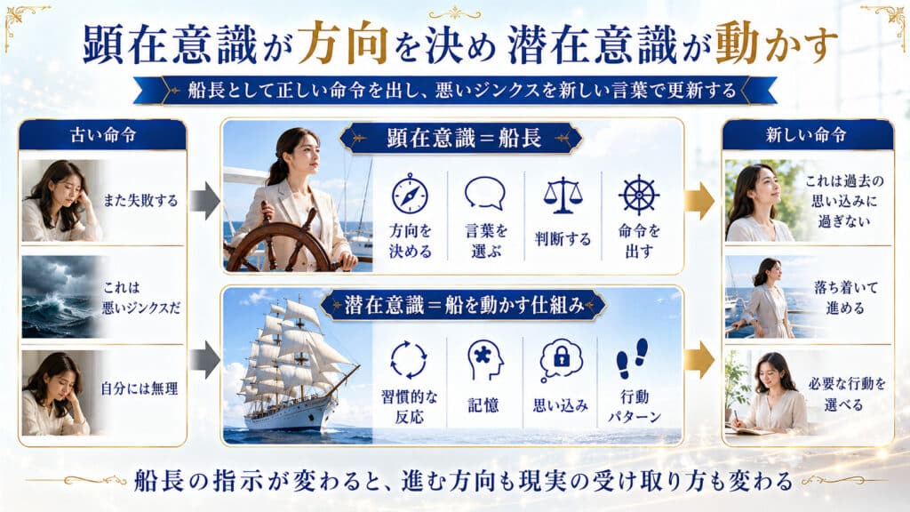 船長である顕在意識が方向を決め潜在意識が行動を動かす仕組みの図解