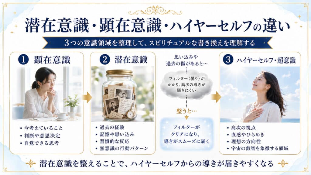 顕在意識と潜在意識とハイヤーセルフの違いを比較した図解