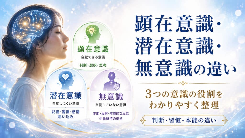 顕在意識・潜在意識・無意識の自覚や役割の違いを比較した図解