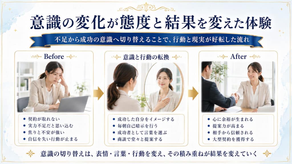 意識と言葉と行動の変化によって商談の結果が好転したビフォーアフター図解
