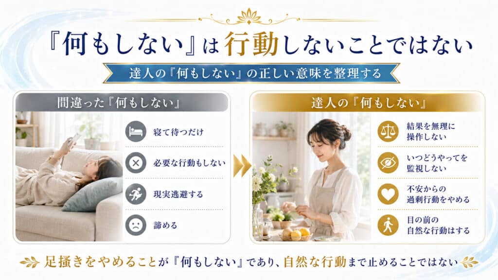 達人の何もしないは行動しないことではなく結果を無理に操作しないことだと整理した比較図