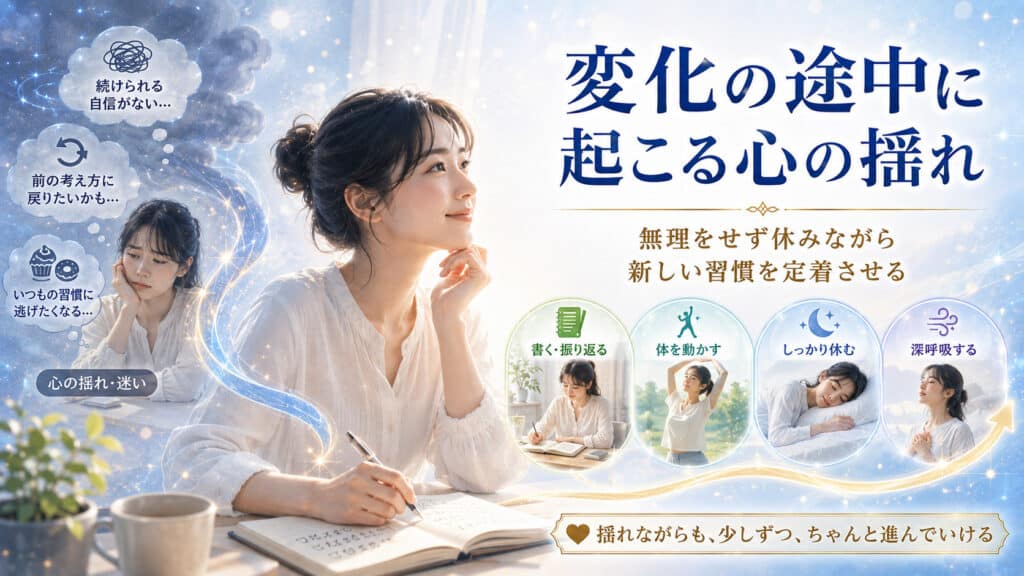 潜在意識の書き換え中に不安や迷いを抱えながらも、休息やセルフケアを取り入れて新しい習慣を定着させる様子