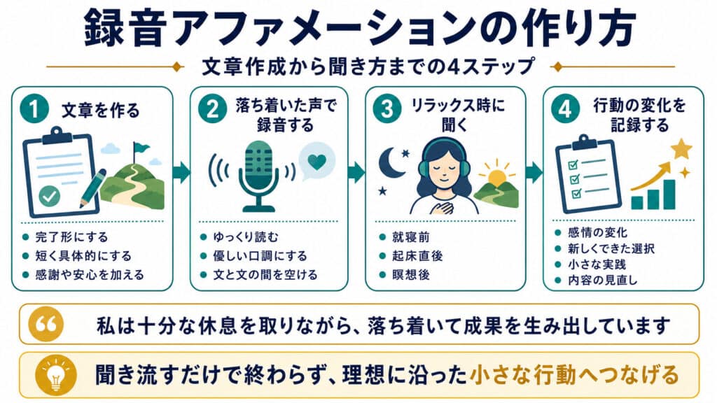 アファメーションの文章作成から録音、聞き方、行動記録までの4ステップ