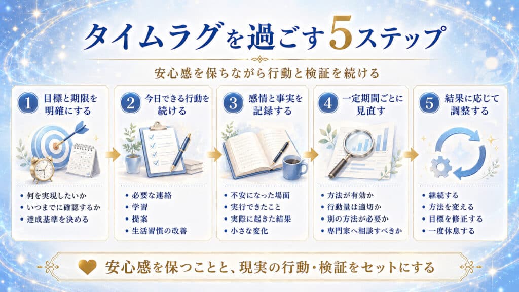 目標設定、行動の継続、記録、見直し、調整の5ステップで、潜在意識のタイムラグを現実的に過ごす方法を示した図解