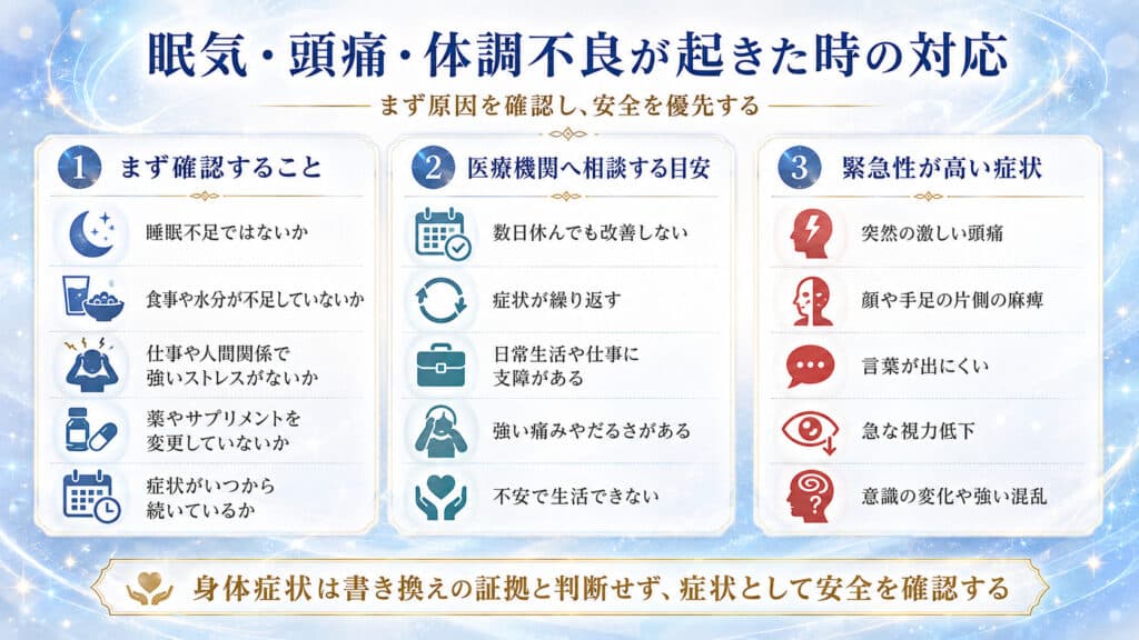眠気や頭痛や体調不良が起きた時に、まず確認すること、医療機関へ相談する目安、緊急性が高い症状を整理した図解