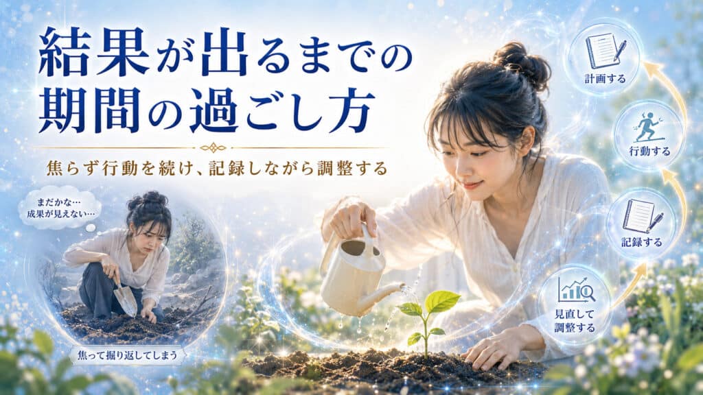 結果が出るまで焦って掘り返すのではなく、行動を続け、記録しながら調整して過ごす大切さを表したイメージ