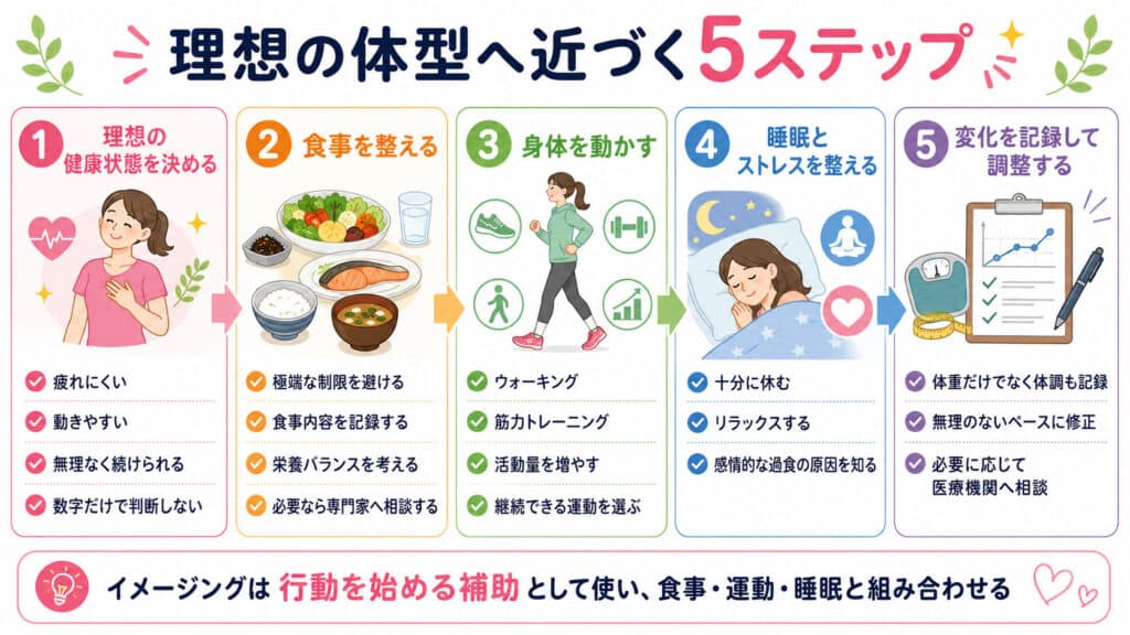 食事と運動、睡眠、ストレス管理を組み合わせて理想の体型へ近づく5ステップ