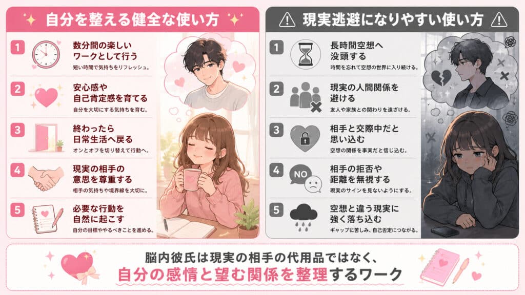 脳内彼氏で自分の感情を整える健全な使い方と現実逃避になりやすい使い方の比較