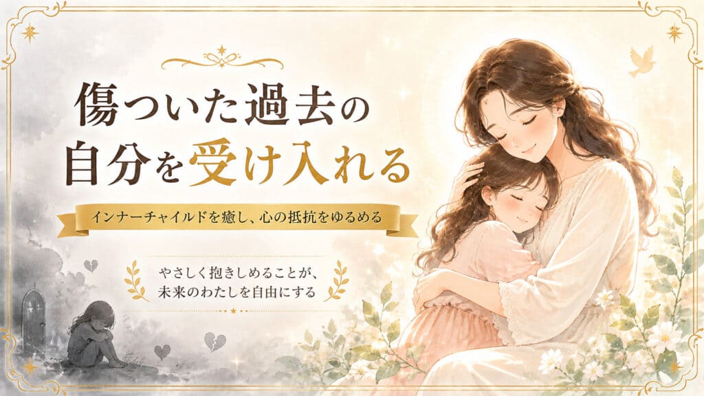 傷ついたインナーチャイルドを抱きしめ過去の自分を受け入れる女性