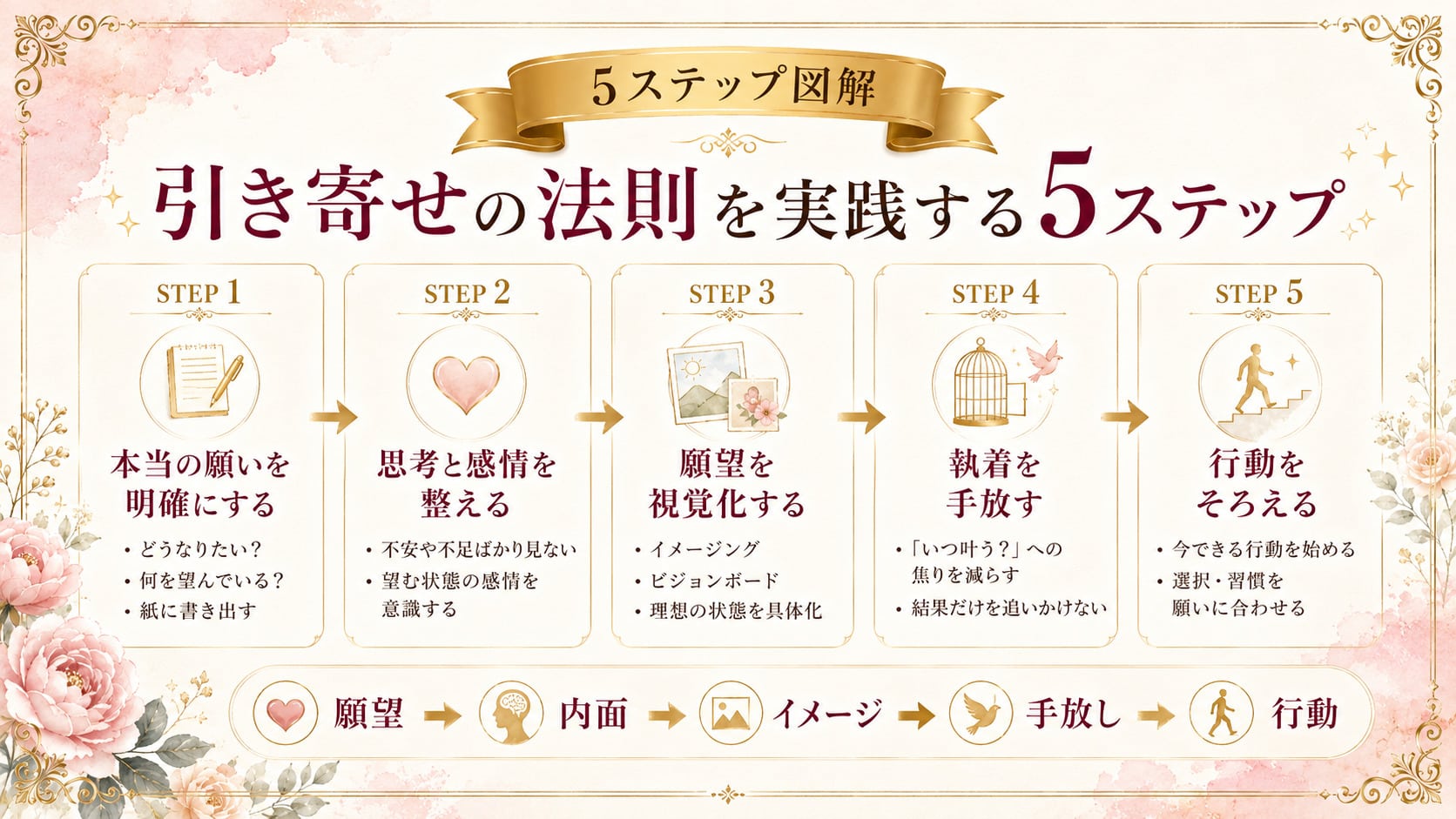 引き寄せの法則を実践する5ステップの全体像をまとめた図解