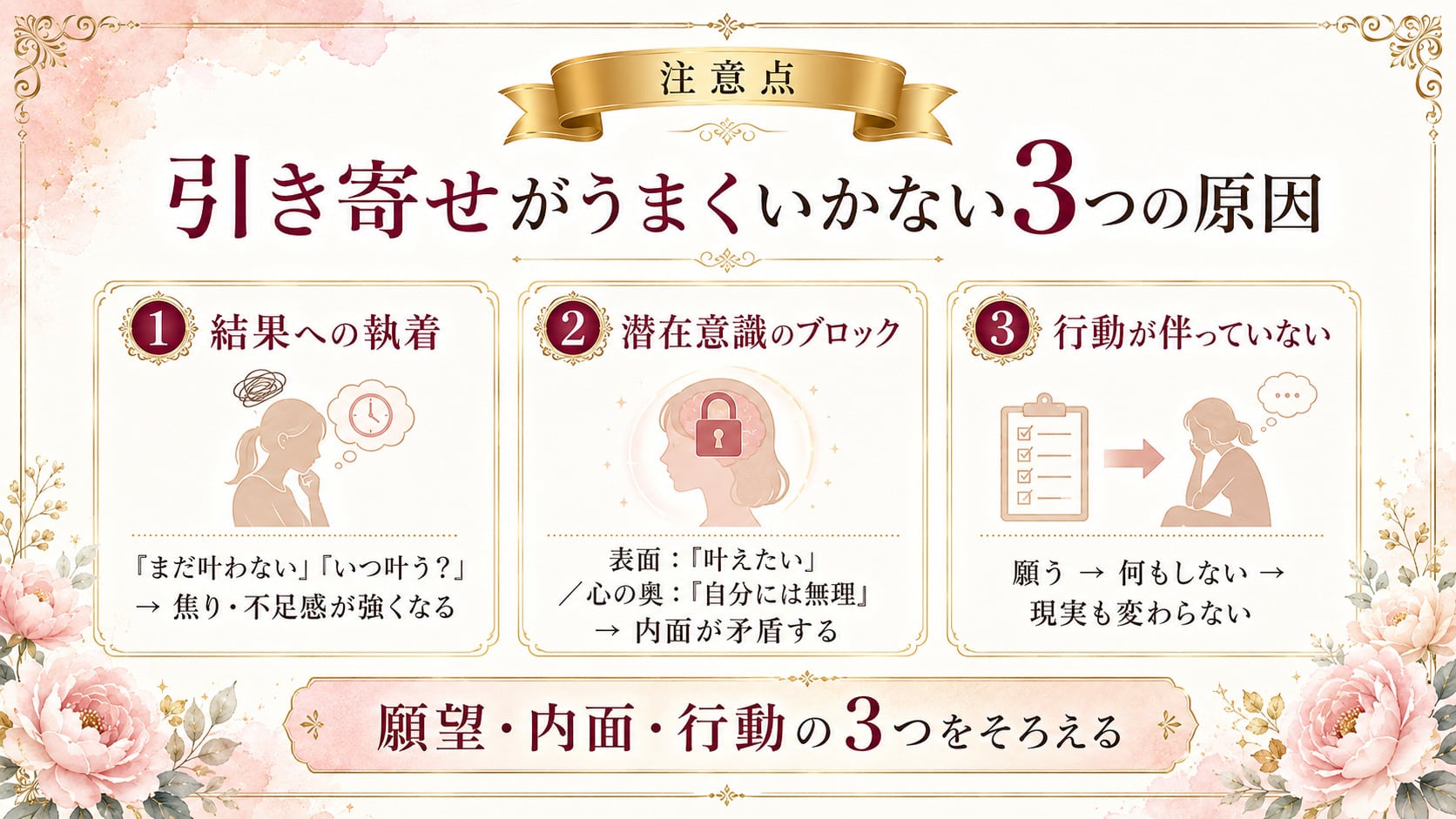 引き寄せがうまくいかない原因である執着と潜在意識のブロックと行動不足の図解