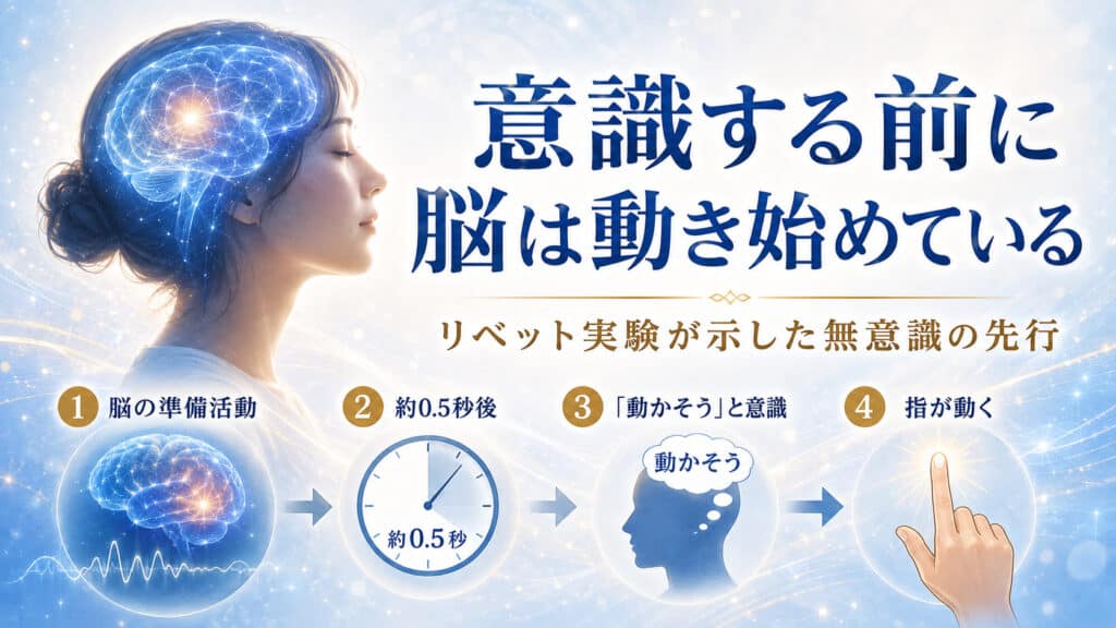 脳の準備活動が始まり、約0.5秒後に動かそうと意識して指が動くリベット実験の図解